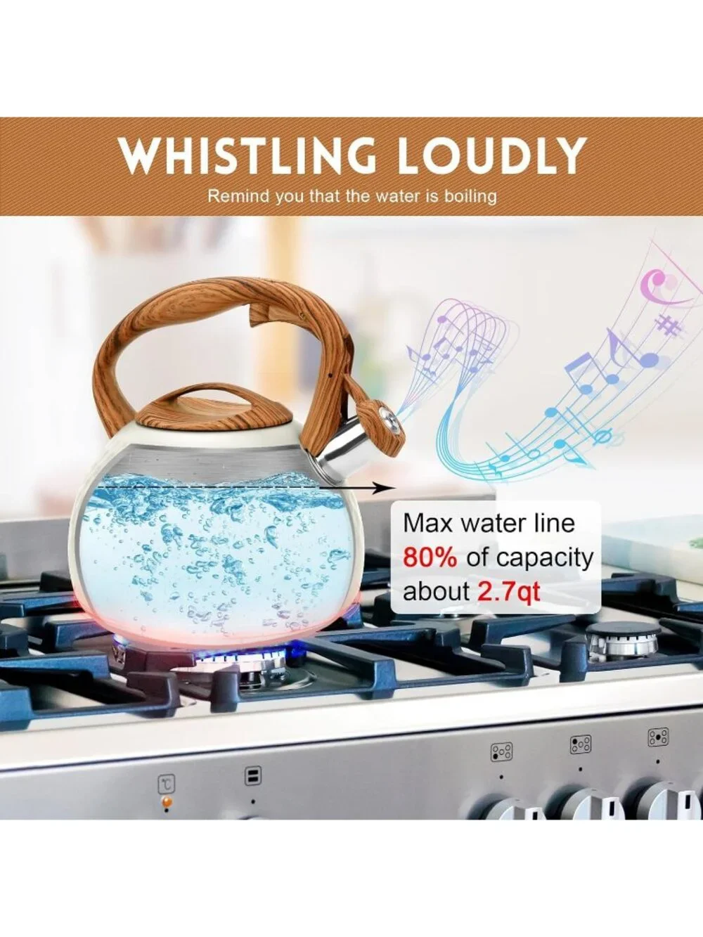 GGC 3.1QT White Stainless Steel Whistling Tea Kettles For Kitchen Stove Top